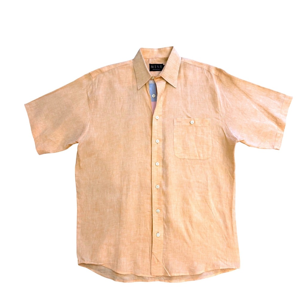 MINE Mens 100% Linen Short Sleeve Button Down Shirt Peach M Striped Placket New